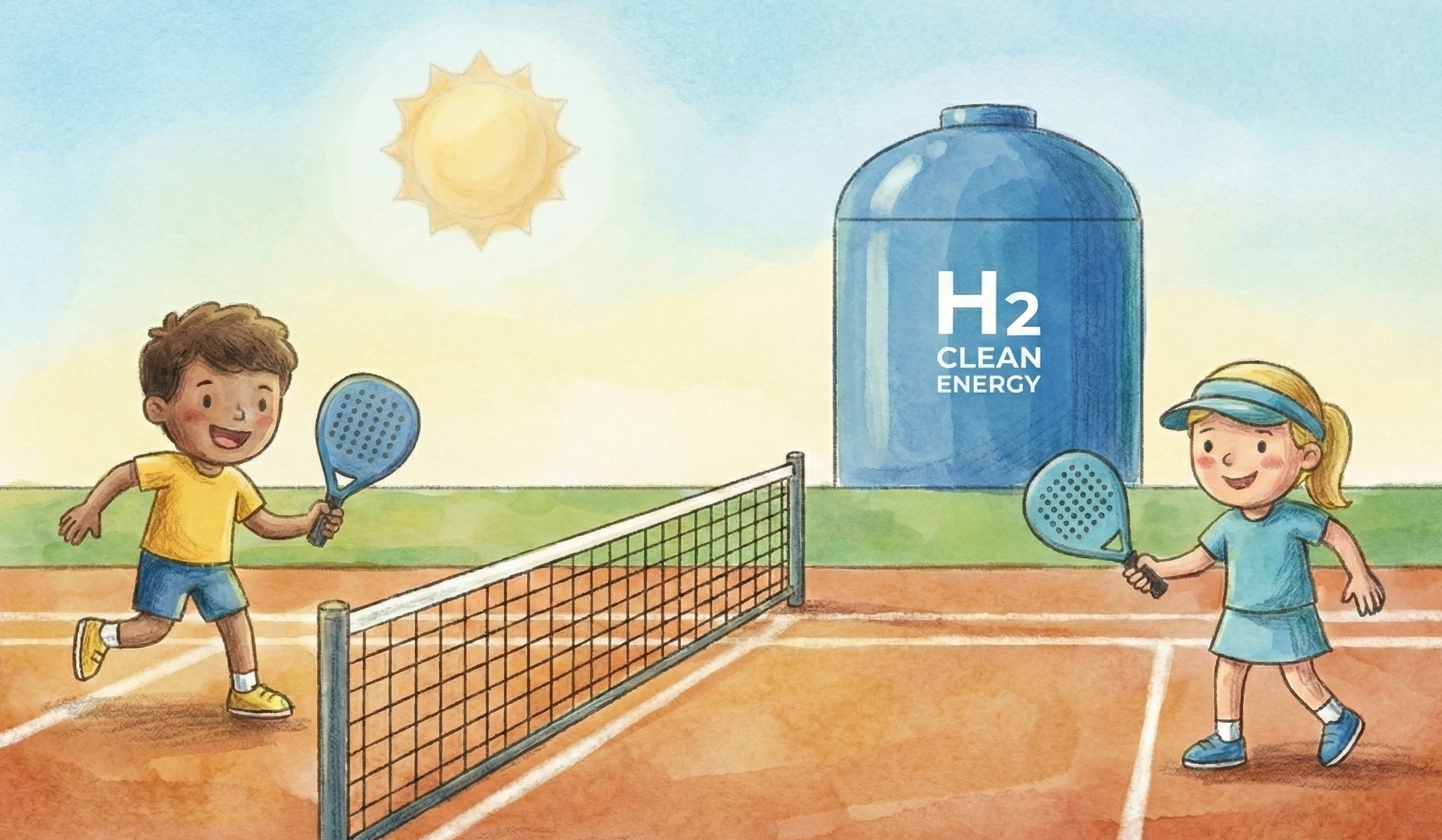 Cartoon illustration of paddle tennis and hydrogen facility